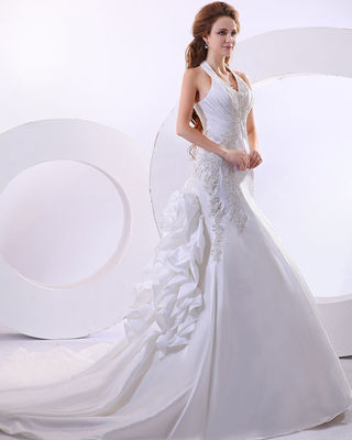 Seksi derin V Halter Boyun Düğün elbiseleri uzun kuyruklu düğün elbiseleri