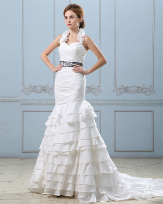 Seksi açık arka katmanlı düğün elbisesi kemerli, belli kadın düğün elbiseleri