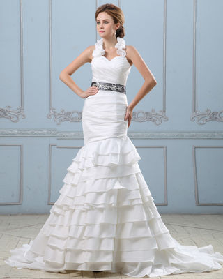 Seksi açık arka katmanlı düğün elbisesi kemerli, belli kadın düğün elbiseleri