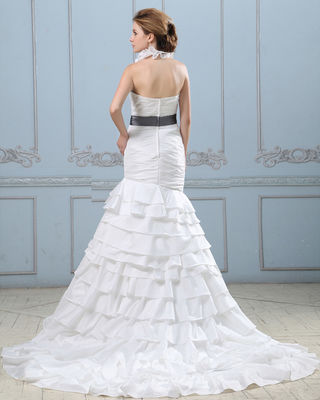 Seksi açık arka katmanlı düğün elbisesi kemerli, belli kadın düğün elbiseleri